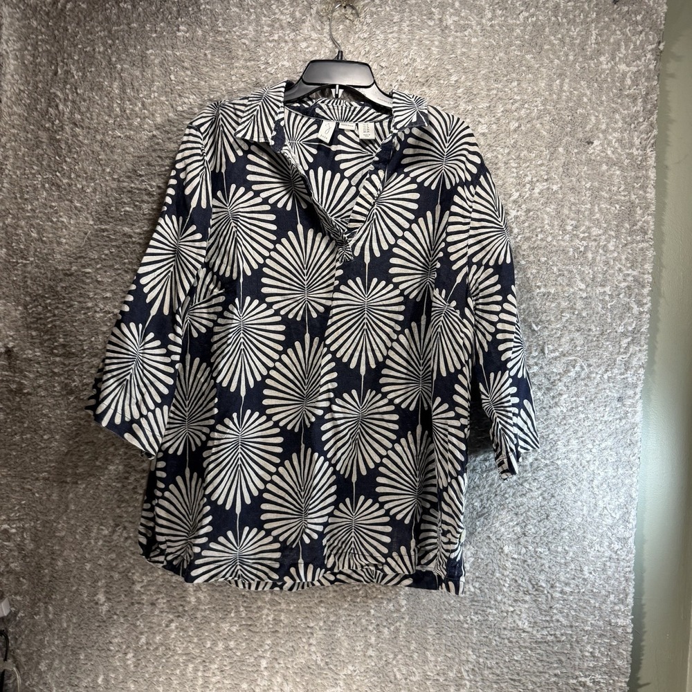 Joie Linen 3/4 Sleeve Navy White Tunic Collared Top 1X Navy White Coastal Beach